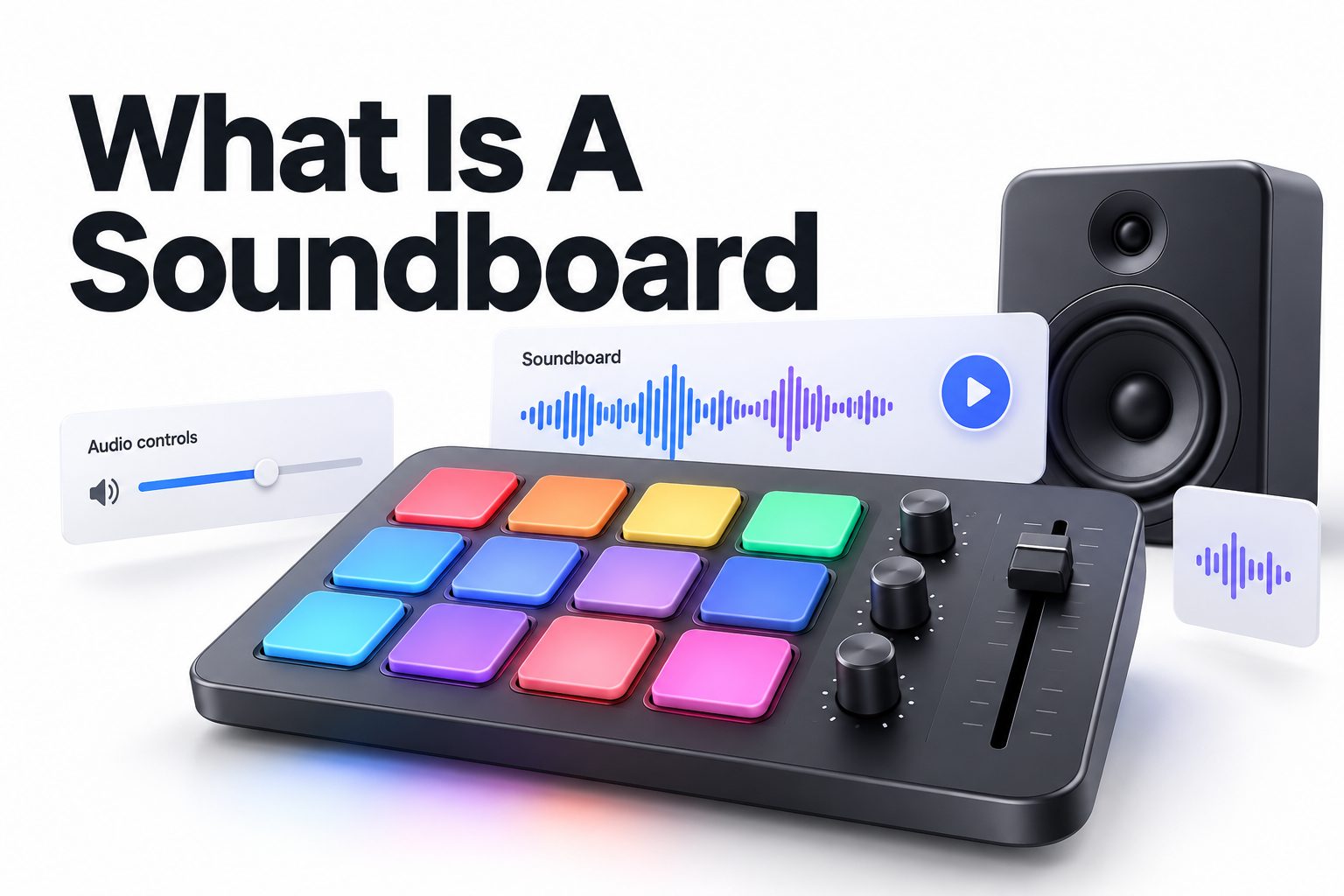 Audio soundboard with sliders and knobs for controlling sound levels
